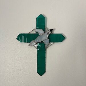 Stained Glass Cross Wall Art with Dove - Green & White